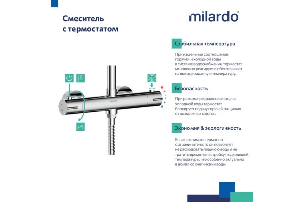 Смеситель термостатический для душа со стойкой и тропической лейкой Milardo Ideal Spa