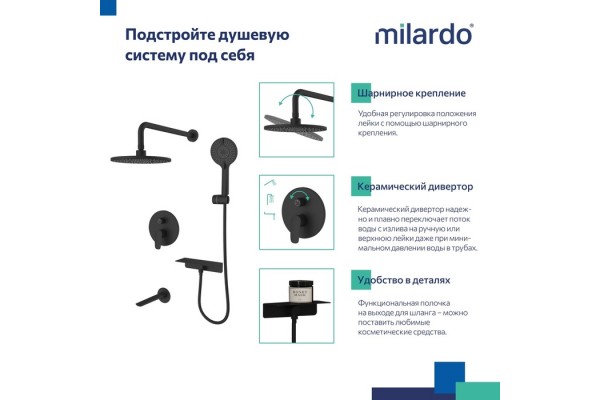 Душевая система скрытого монтажа с тропическим душем, ручным душем и изливом Milardo Rora