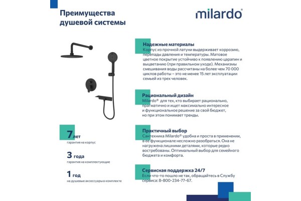 Душевая система скрытого монтажа с тропическим душем и ручным душем Milardo Rora