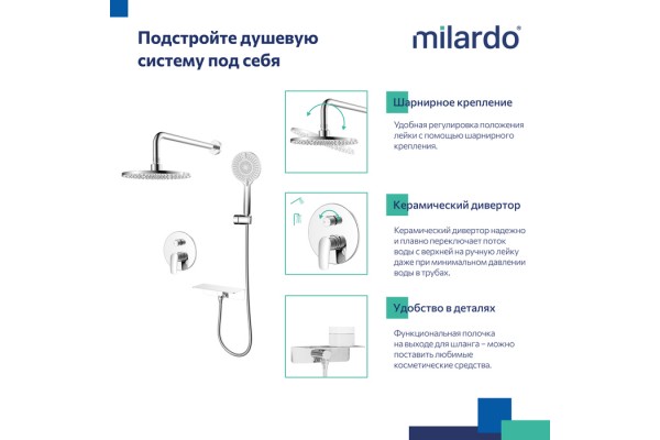 Душевая система скрытого монтажа с тропическим душем и ручным душем Milardo Rora