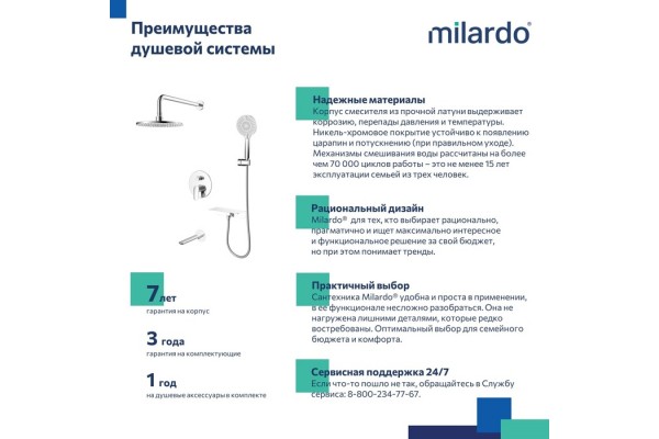 Душевая система скрытого монтажа с тропическим душем, ручным душем и изливом Milardo Rora