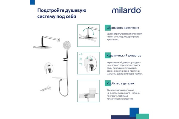 Душевая система скрытого монтажа с тропическим душем, ручным душем и изливом Milardo Rora