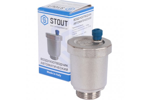 STOUT Воздухоотводчик автоматический вертикальный выпуск, нар.р. 3/4 никель.