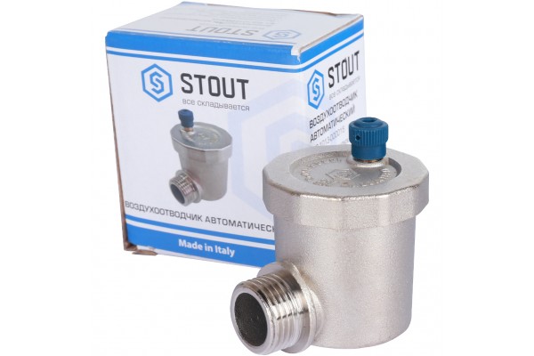 STOUT Воздухоотводчик автоматический вертикальный выпуск, угл.подкл. нар.р. 1/2 никель.