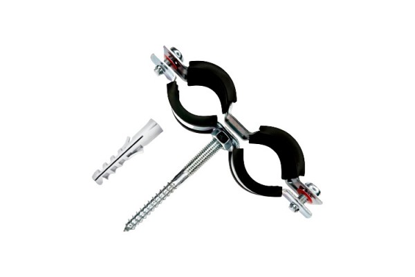 SAC-0020-200001 STOUT Сдвоенный хомут для труб, комплект: хомут+шпилька шуруп +дюбель пластиковый 1