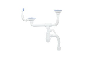 Сифон IDDIS для двойной мойки с выпуском 3 1/2 с переливом и отводом Kitchen Line