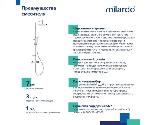 Смеситель термостатический для душа со стойкой и тропической лейкой Milardo Ideal Spa