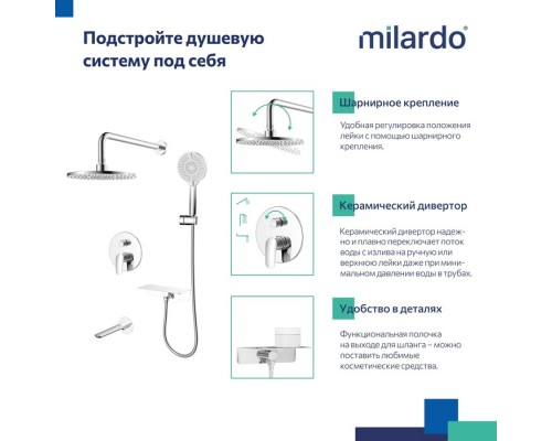 Душевая система скрытого монтажа с тропическим душем, ручным душем и изливом Milardo Rora