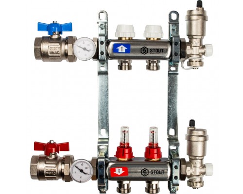 STOUT Коллектор из нержавеющей стали в сборе с расходомерами 2 вых.