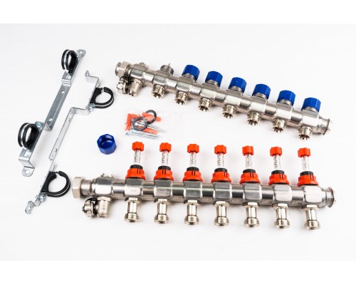 Коллекторная группа Elsen 7 отводов тёплый пол, нержавеющая сталь, c расходомерами, EMI03.07