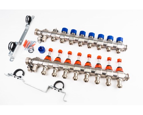 Коллекторная группа Elsen 8 отводов тёплый пол, нержавеющая сталь, c расходомерами, EMI03.08