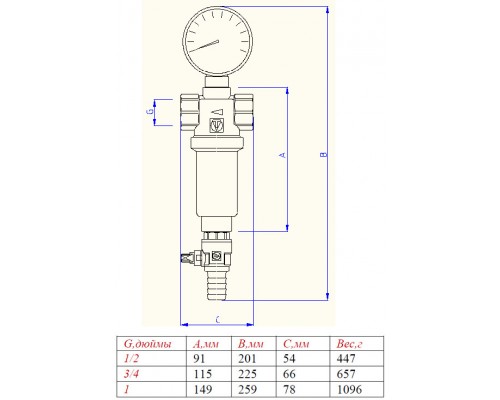 Фильтр промывной 1/2 для ГОРЯЧЕЙ воды с манометром VALTEC VT.389.N.04