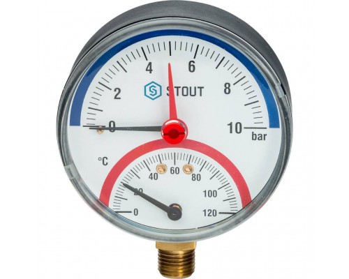 STOUT Термоманометр радиальный в комплекте с автоматическим запорным клапаном. Корпус Dn 80 мм 1/2, 0...120°C, 0-10 бар.