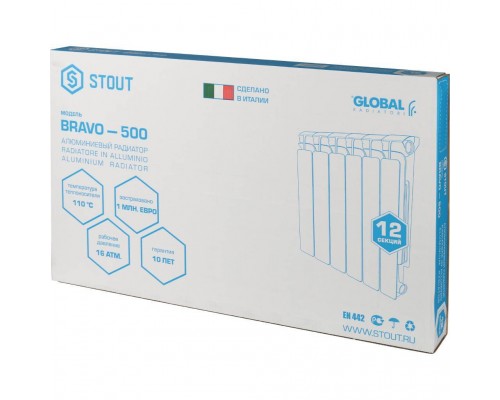 STOUT Bravo 500 12 секций радиатор алюминиевый боковое подключение RAL9010