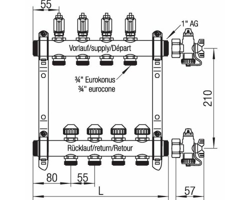 REHAU RAUTHERM S Распределительный коллектор HKV-D на 9 контуров нерж .сталь (без шаровых кранов)