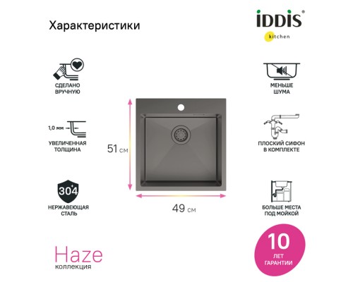 Мойка IDDIS Haze нерж. сталь, графит, 490*510