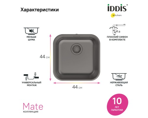 Мойка IDDIS Mate нерж. сталь, графит, 446*446